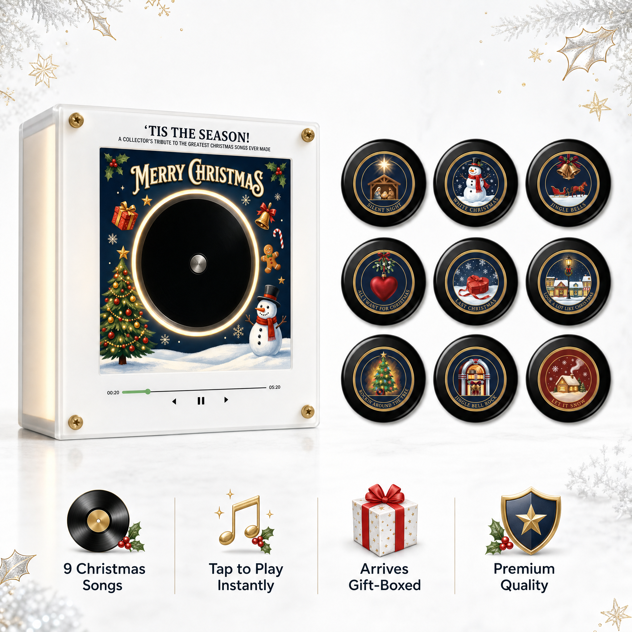 Christmas vinyl player with holiday record artwork